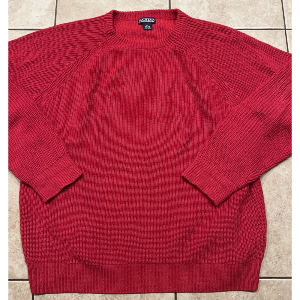 VTG Lands End Sweater Mens XL Red Chunky Knit Made in USA 90s Heavy Cotton